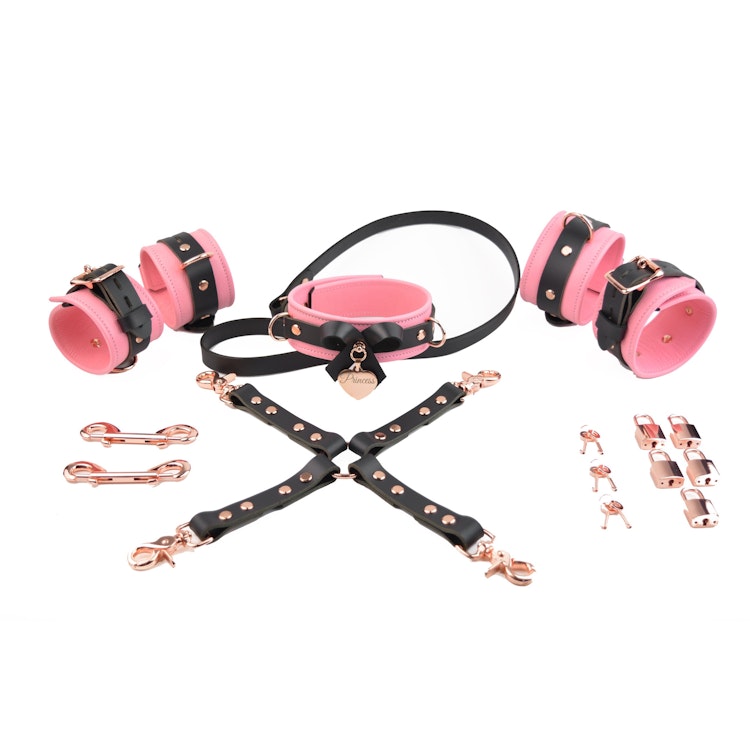 LIMITED EDT. Princess Pink Leather & Rose Gold Restraint Set - Wrist/Ankle Cuffs, Custom Engraved Bow Collar, Leash, Cross Connector photo