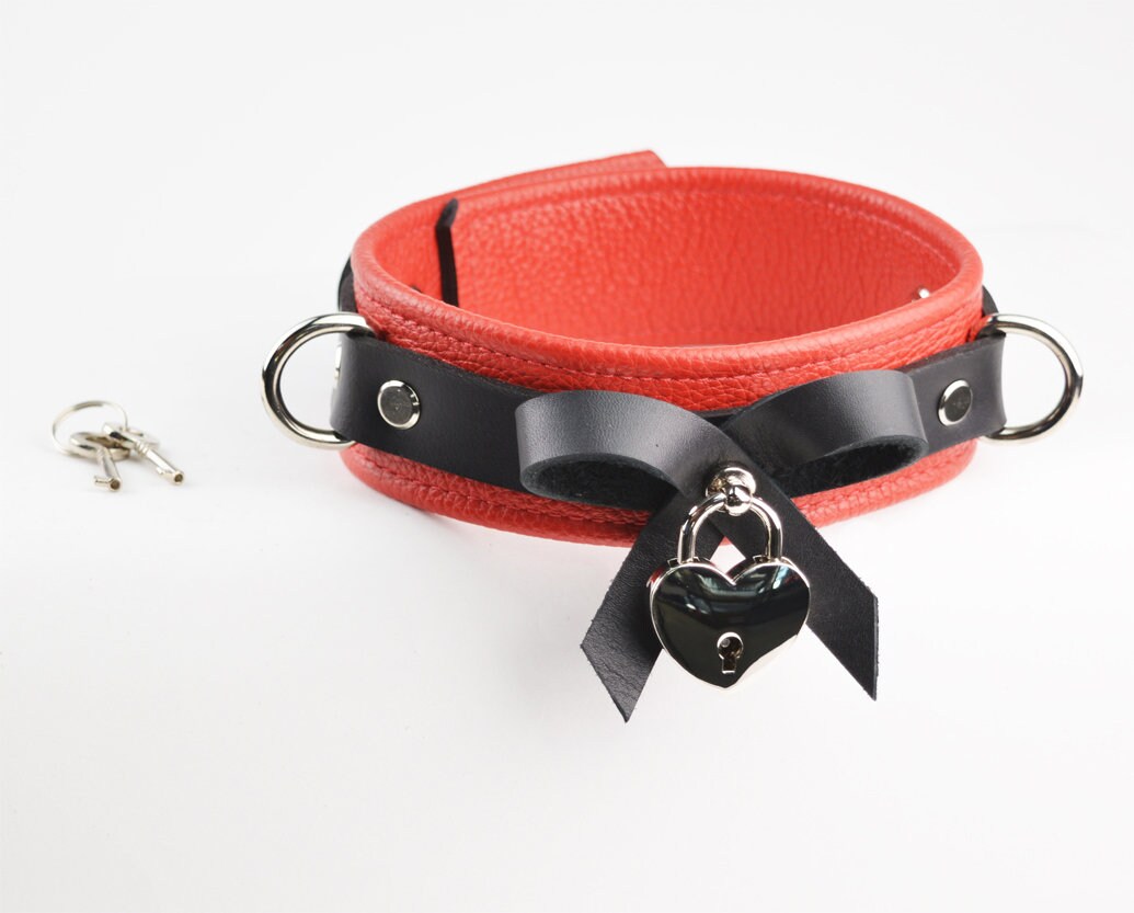 Premium BDSM Red Leather Bow Collar & Leash With Silver Heart Pendant photo