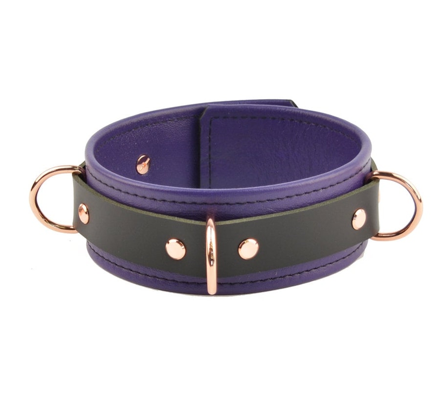 Purple Leather with Rose Gold Bondage Restraint Set Collar, Wrist & Ankle Cuffs, Cross Connector, Snap Hooks, Padlocks Image # 217860