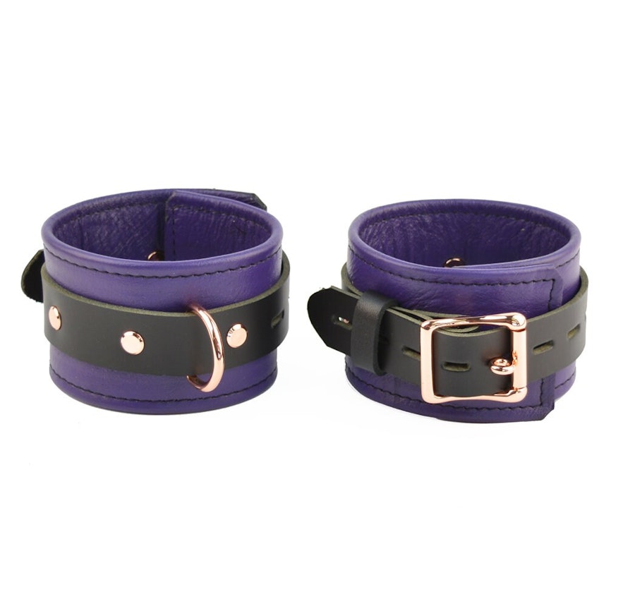 Purple Leather with Rose Gold Bondage Restraint Set Collar, Wrist & Ankle Cuffs, Cross Connector, Snap Hooks, Padlocks Image # 217865