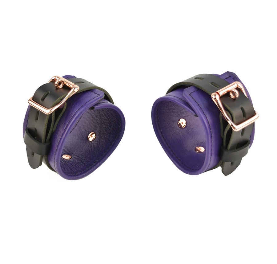 Purple Leather with Rose Gold Bondage Restraint Set Collar, Wrist & Ankle Cuffs, Cross Connector, Snap Hooks, Padlocks Image # 217866