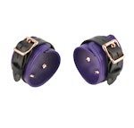 Purple Leather with Rose Gold Bondage Restraint Set Collar, Wrist & Ankle Cuffs, Cross Connector, Snap Hooks, Padlocks Thumbnail # 217866