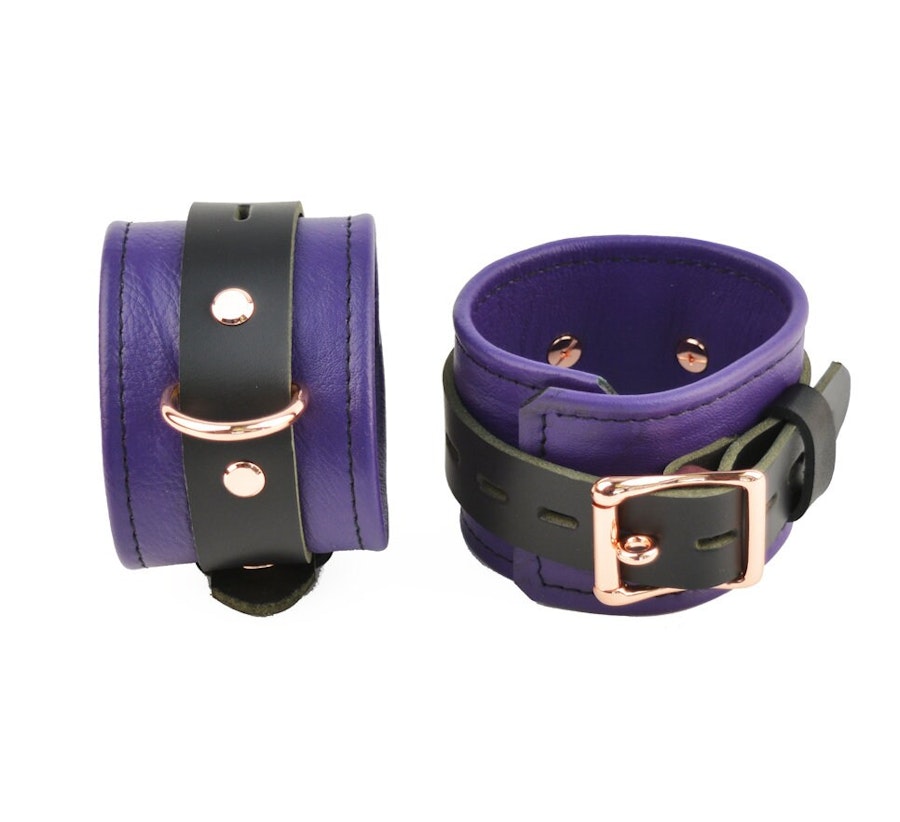 Purple Leather with Rose Gold Bondage Restraint Set Collar, Wrist & Ankle Cuffs, Cross Connector, Snap Hooks, Padlocks Image # 217868