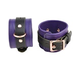 Purple Leather with Rose Gold Bondage Restraint Set Collar, Wrist & Ankle Cuffs, Cross Connector, Snap Hooks, Padlocks Thumbnail # 217868