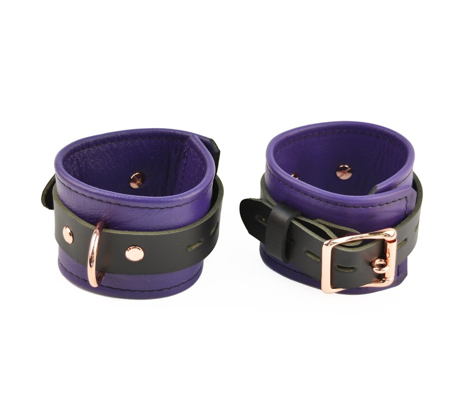 Purple Leather with Rose Gold Bondage Restraint Set Collar, Wrist & Ankle Cuffs, Cross Connector, Snap Hooks, Padlocks Image # 217867