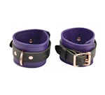 Purple Leather with Rose Gold Bondage Restraint Set Collar, Wrist & Ankle Cuffs, Cross Connector, Snap Hooks, Padlocks Thumbnail # 217867