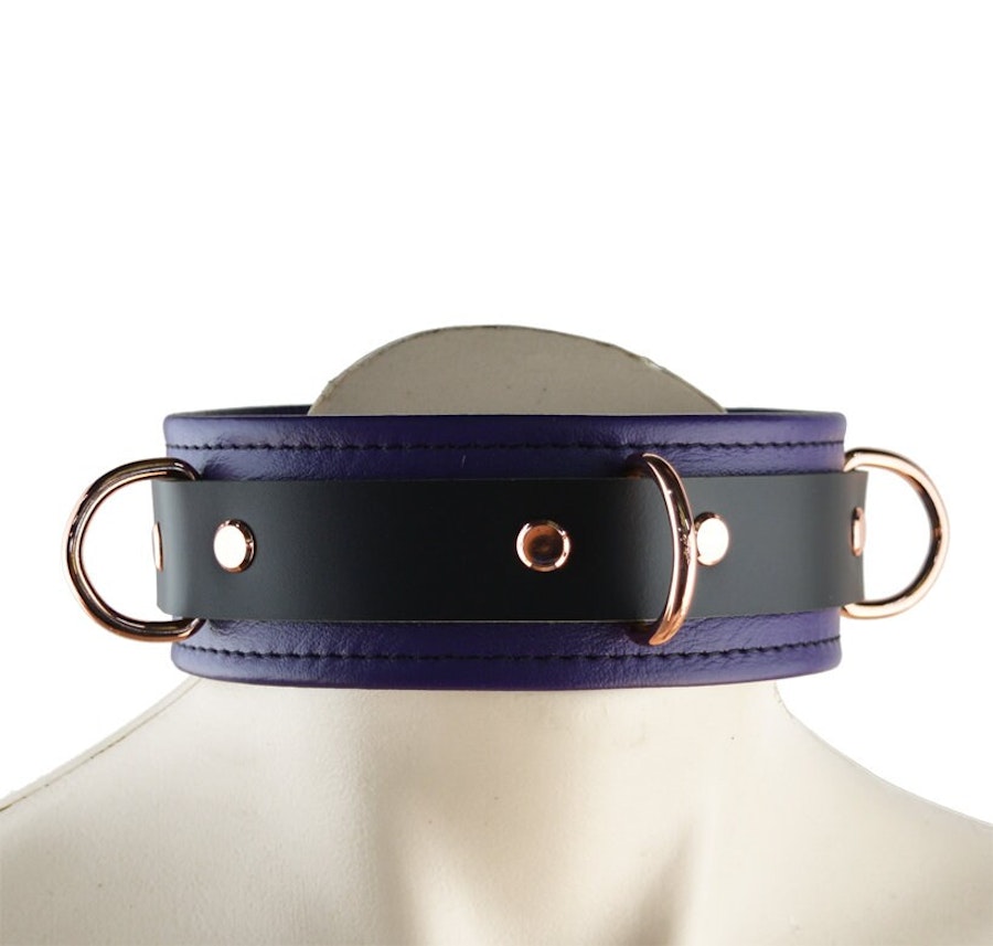 Purple Leather with Rose Gold Bondage Restraint Set Collar, Wrist & Ankle Cuffs, Cross Connector, Snap Hooks, Padlocks Image # 217862