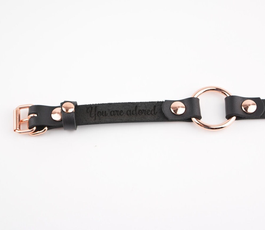 Secret Message Custom Engraved Wrist Cuff Handcrafted Leather with Rose Gold O-Ring Wristband Image # 217762