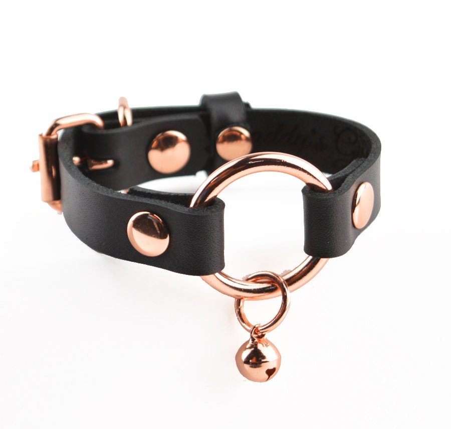 Secret Message Kitten Bell Custom Engraved Wrist Cuff | Handcrafted Leather with Rose Gold O-Ring & Kitty Bell Wristband |  wb7rgbl photo