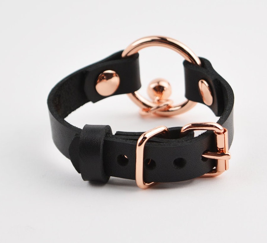 Secret Message Kitten Bell Custom Engraved Wrist Cuff | Handcrafted Leather with Rose Gold O-Ring & Kitty Bell Wristband |  wb7rgbl Image # 218295