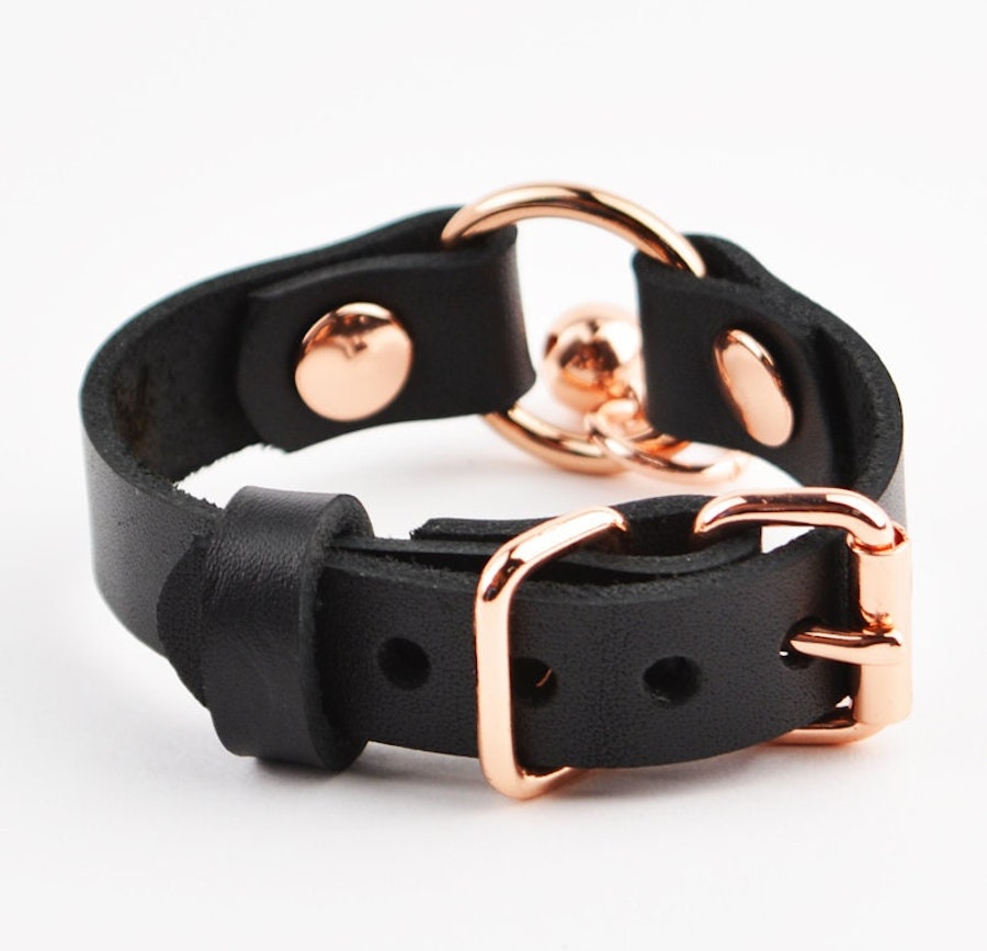 Secret Message Kitten Bell Custom Engraved Wrist Cuff | Handcrafted Leather with Rose Gold O-Ring & Kitty Bell Wristband |  wb7rgbl Image # 218297
