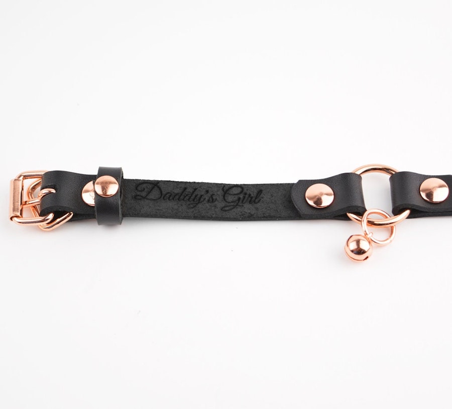 Secret Message Kitten Bell Custom Engraved Wrist Cuff | Handcrafted Leather with Rose Gold O-Ring & Kitty Bell Wristband |  wb7rgbl Image # 218299