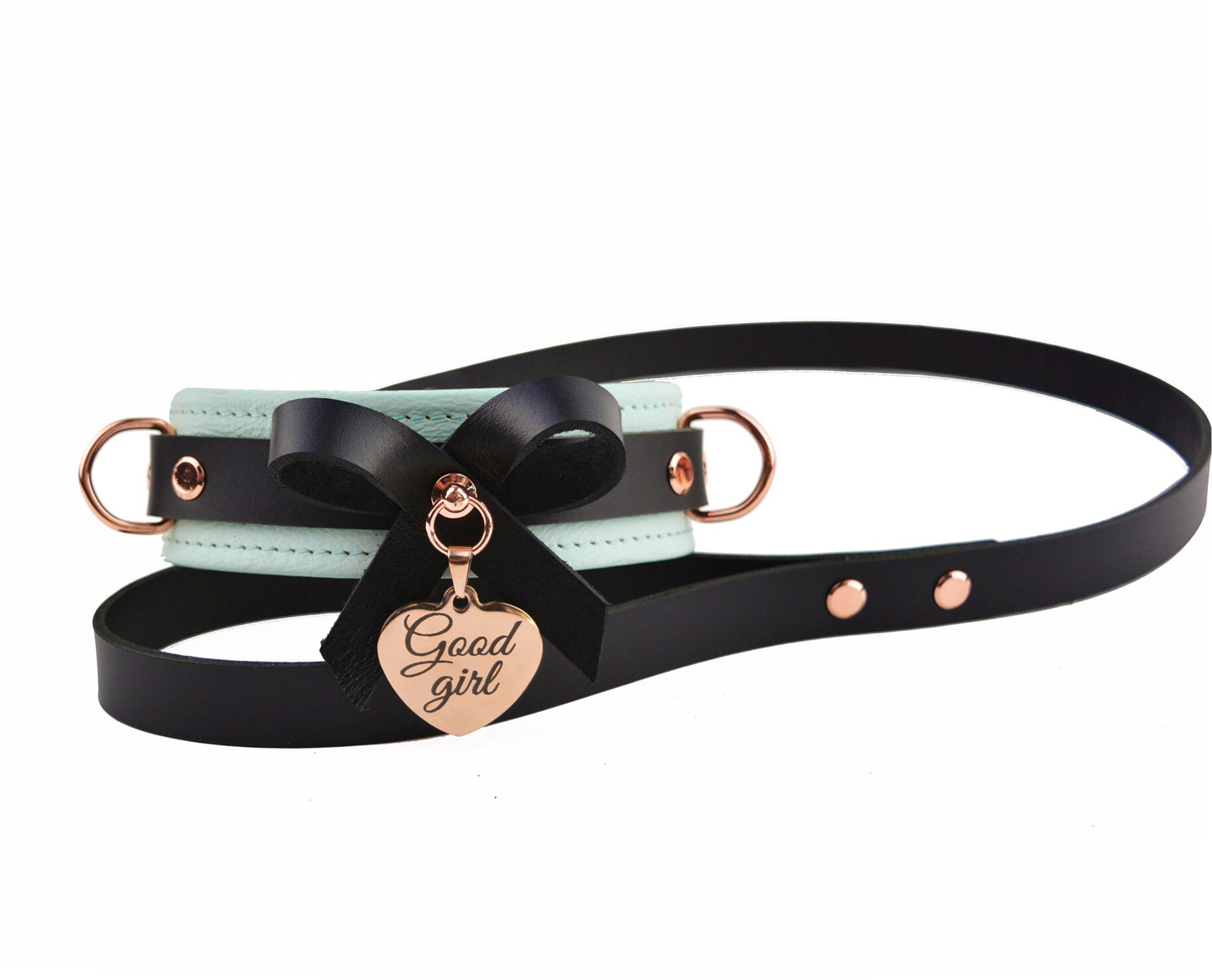 Premium BDSM Aqua Adore Blue Leather Bow Collar & Leash With Custom Engraved Rose Gold Pendant photo