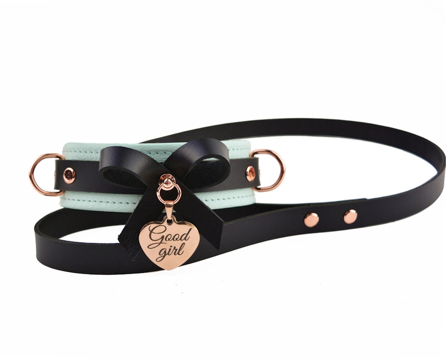 Premium BDSM Aqua Adore Blue Leather Bow Collar & Leash With Custom Engraved Rose Gold Pendant Image # 217701