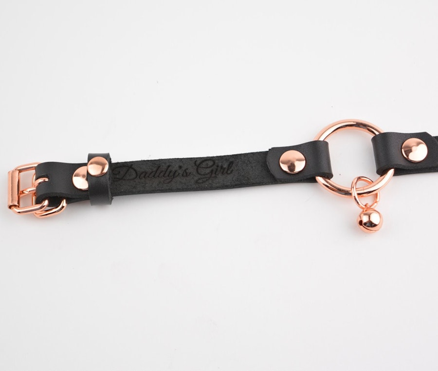 Secret Message Kitten Bell Custom Engraved Wrist Cuff | Handcrafted Leather with Rose Gold O-Ring & Kitty Bell Wristband |  wb7rgbl Image # 218296