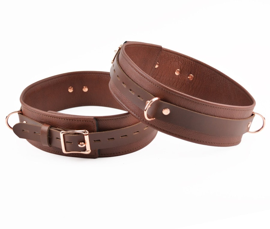 Brown Leather & Rose Gold Bondage Restraint Set Collar, Wrist/Ankle/Thigh Cuffs, Cross Connector, Snap Hooks, Padlocks Image # 217913