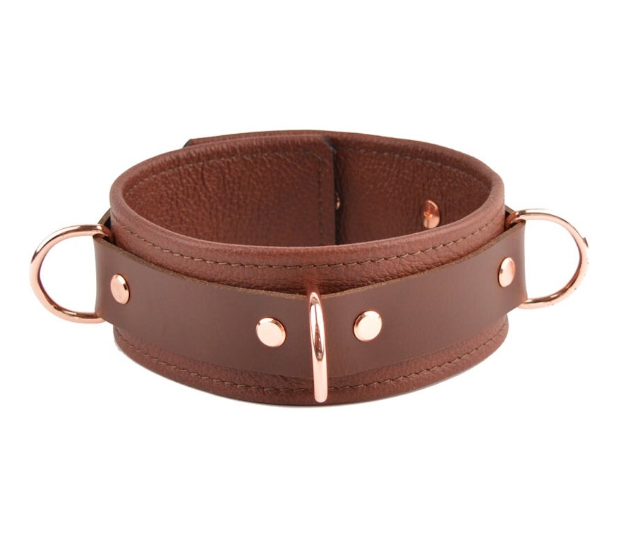 Brown Leather & Rose Gold Bondage Restraint Set Collar, Wrist/Ankle/Thigh Cuffs, Cross Connector, Snap Hooks, Padlocks Image # 217914
