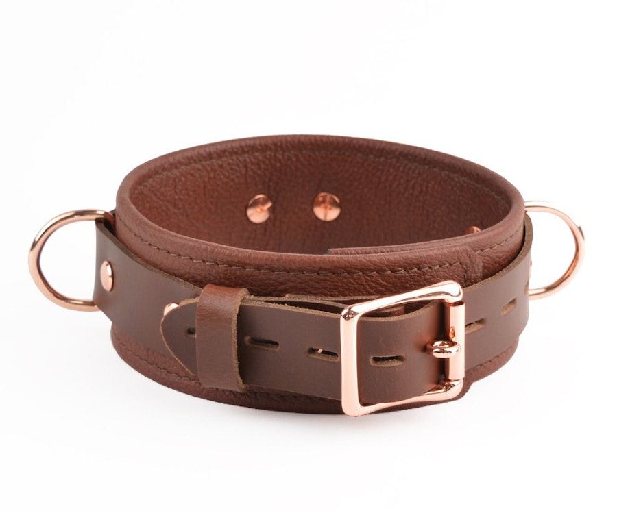 Brown Leather & Rose Gold Bondage Restraint Set Collar, Wrist/Ankle/Thigh Cuffs, Cross Connector, Snap Hooks, Padlocks Image # 217915