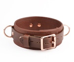 Brown Leather & Rose Gold Bondage Restraint Set Collar, Wrist/Ankle/Thigh Cuffs, Cross Connector, Snap Hooks, Padlocks Thumbnail # 217915