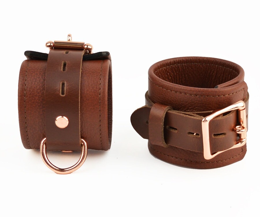 Brown Leather & Rose Gold Bondage Restraint Set Collar, Wrist/Ankle/Thigh Cuffs, Cross Connector, Snap Hooks, Padlocks Image # 217918