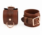 Brown Leather & Rose Gold Bondage Restraint Set Collar, Wrist/Ankle/Thigh Cuffs, Cross Connector, Snap Hooks, Padlocks Thumbnail # 217918