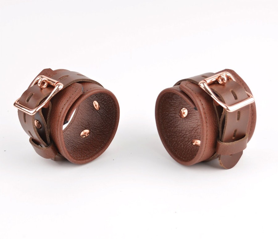 Brown Leather & Rose Gold Bondage Restraint Set Collar, Wrist/Ankle/Thigh Cuffs, Cross Connector, Snap Hooks, Padlocks Image # 217919