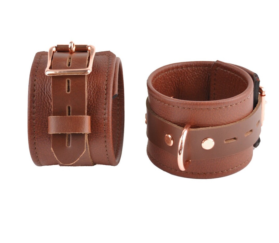 Brown Leather & Rose Gold Bondage Restraint Set Collar, Wrist/Ankle/Thigh Cuffs, Cross Connector, Snap Hooks, Padlocks Image # 217916