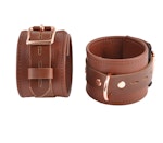 Brown Leather & Rose Gold Bondage Restraint Set Collar, Wrist/Ankle/Thigh Cuffs, Cross Connector, Snap Hooks, Padlocks Thumbnail # 217916