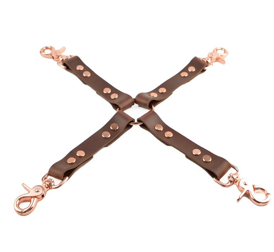 Brown Leather & Rose Gold Bondage Restraint Set Collar, Wrist/Ankle/Thigh Cuffs, Cross Connector, Snap Hooks, Padlocks Image # 217920