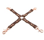 Brown Leather & Rose Gold Bondage Restraint Set Collar, Wrist/Ankle/Thigh Cuffs, Cross Connector, Snap Hooks, Padlocks Thumbnail # 217920
