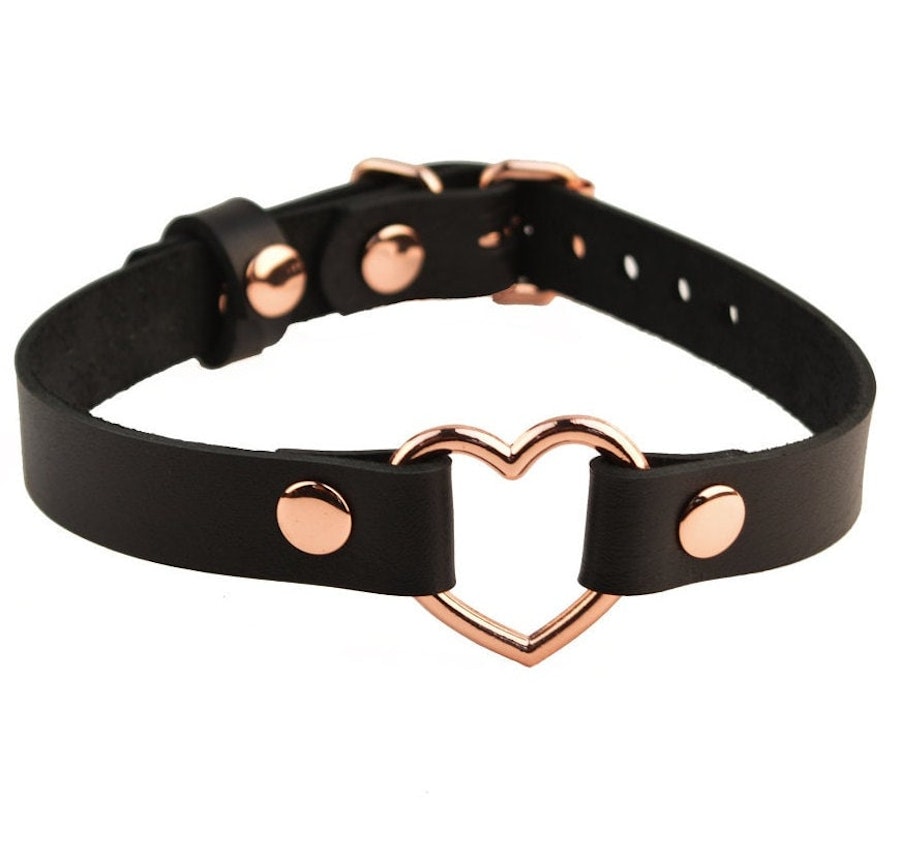 Secret Message Custom Engraved Rose Gold Love Heart Leather Collar Handcrafted