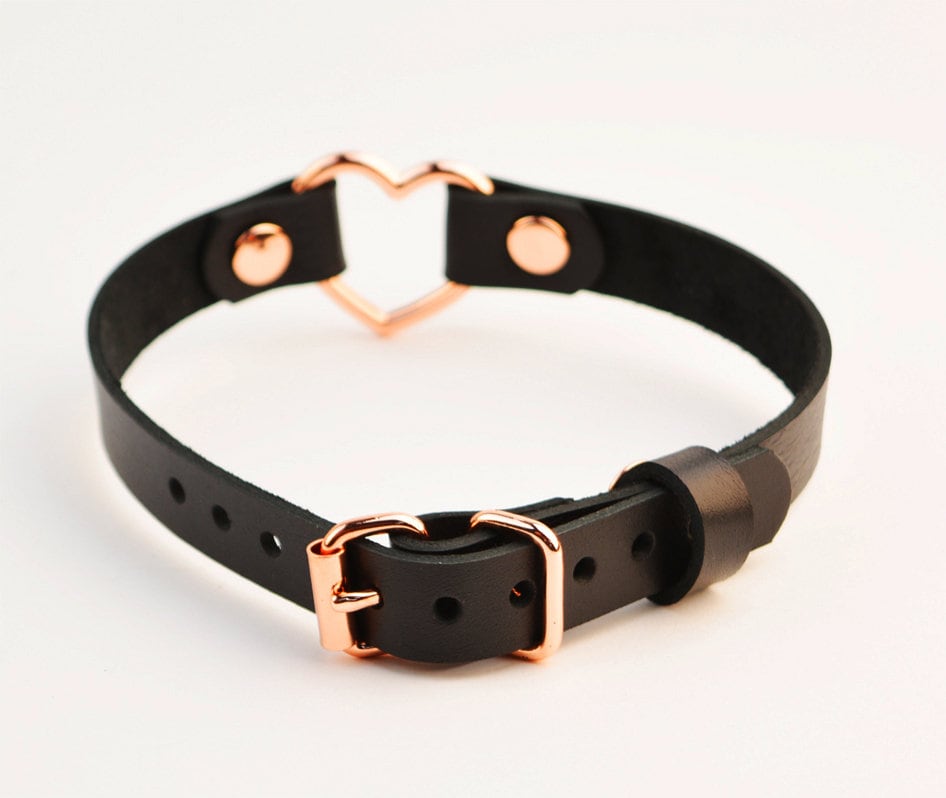 Secret Message Custom Engraved Rose Gold Love Heart Leather Collar Handcrafted photo