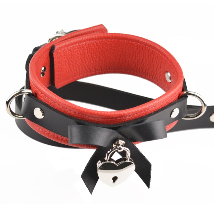 Premium BDSM Red Leather Bow Collar & Leash With Silver Heart Pendant photo