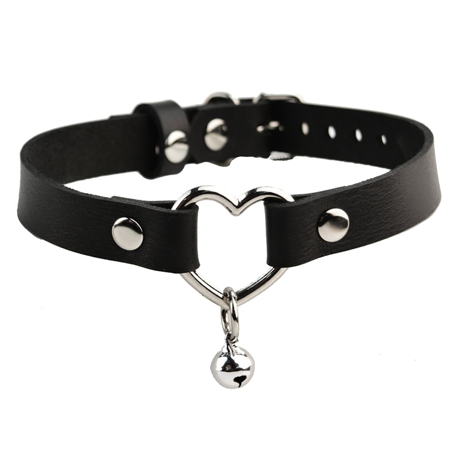 Secret Message Custom Engraved Leather Collar with Steel Heart & Kitten Bell Handcrafted BDSM Submissive Subtle Day Collar