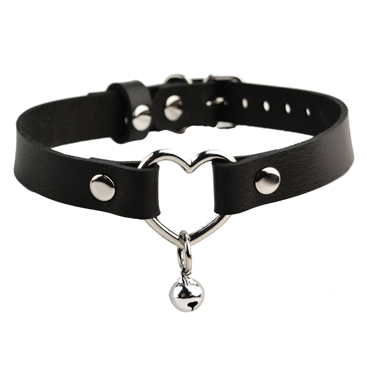 Secret Message Custom Engraved Leather Collar with Steel Heart & Kitten Bell Handcrafted BDSM Submissive Subtle Day Collar photo