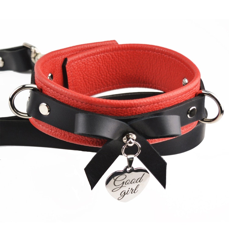 Premium BDSM Red Leather Bow Collar & Leash With Custom Engraved Silver Pendant photo