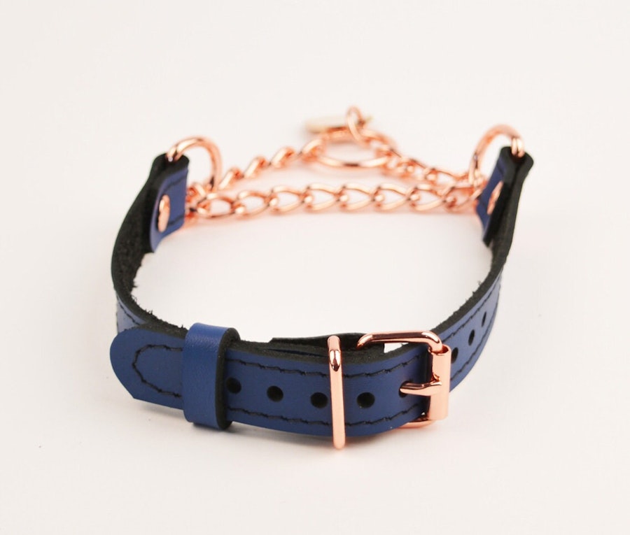 Deep Blue Custom Engraved Martingale Day Collar Luxury Leather with Rose Gold Love Heart Pendant Image # 217797