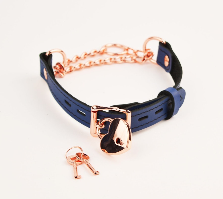 Deep Blue Custom Engraved Martingale Day Collar Luxury Leather with Rose Gold Love Heart Pendant Image # 217796