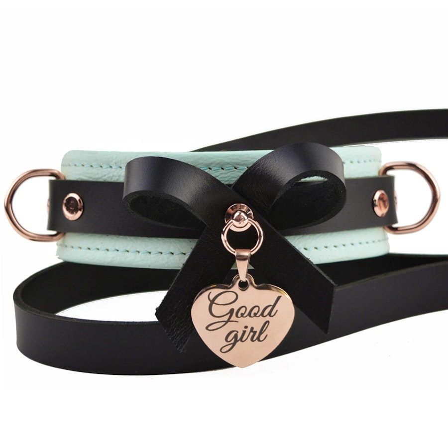 Premium BDSM Aqua Adore Blue Leather Bow Collar & Leash With Custom Engraved Rose Gold Pendant