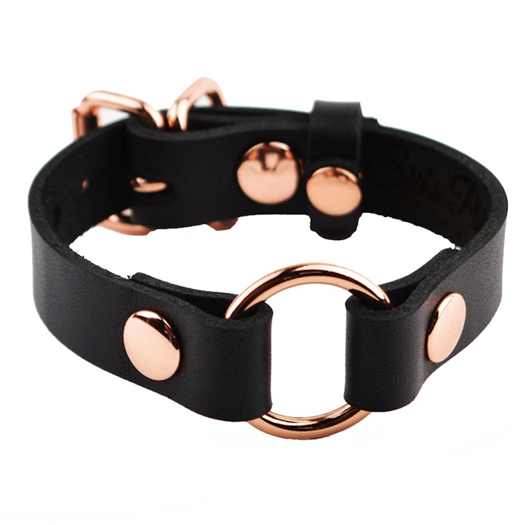 Secret Message Custom Engraved Wrist Cuff Handcrafted Leather with Rose Gold O-Ring Wristband photo