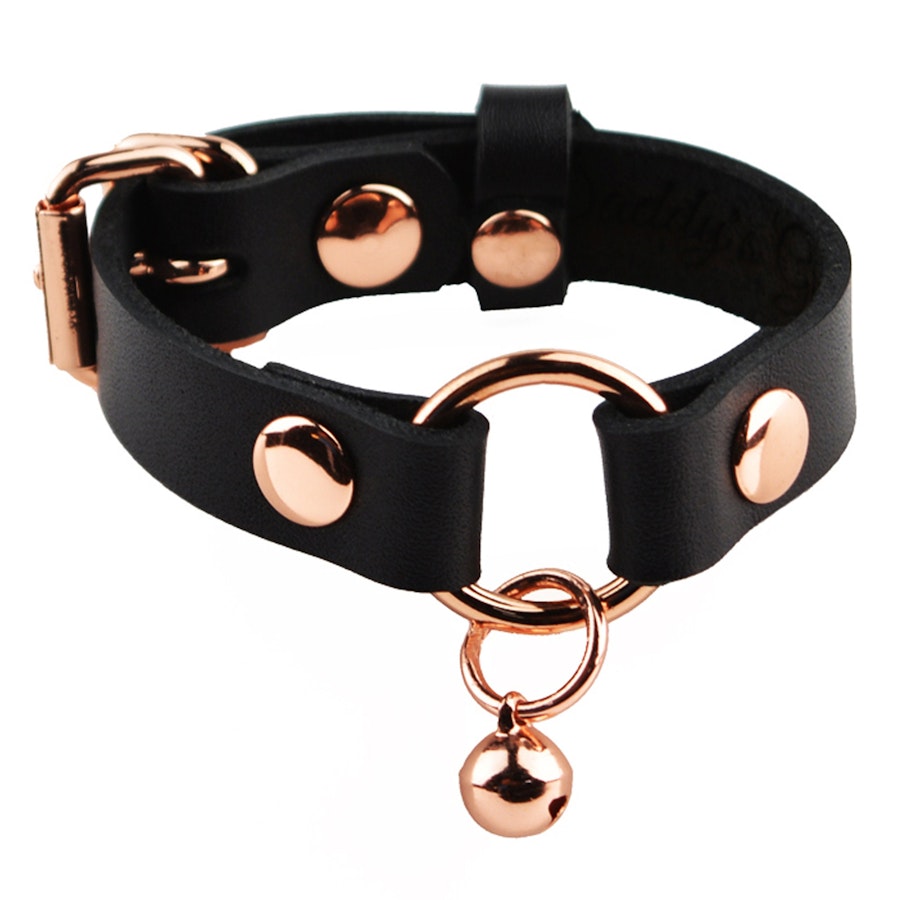 Secret Message Kitten Bell Custom Engraved Wrist Cuff | Handcrafted Leather with Rose Gold O-Ring & Kitty Bell Wristband |  wb7rgbl