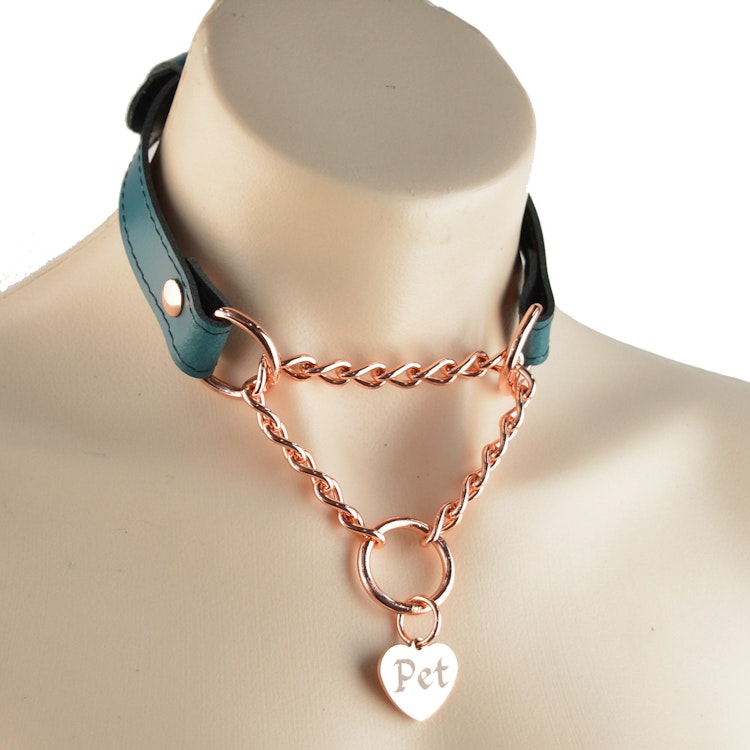 Emerald Green Custom Engraved Martingale Day Collar Luxury Leather with Rose Gold Love Heart Pendant photo