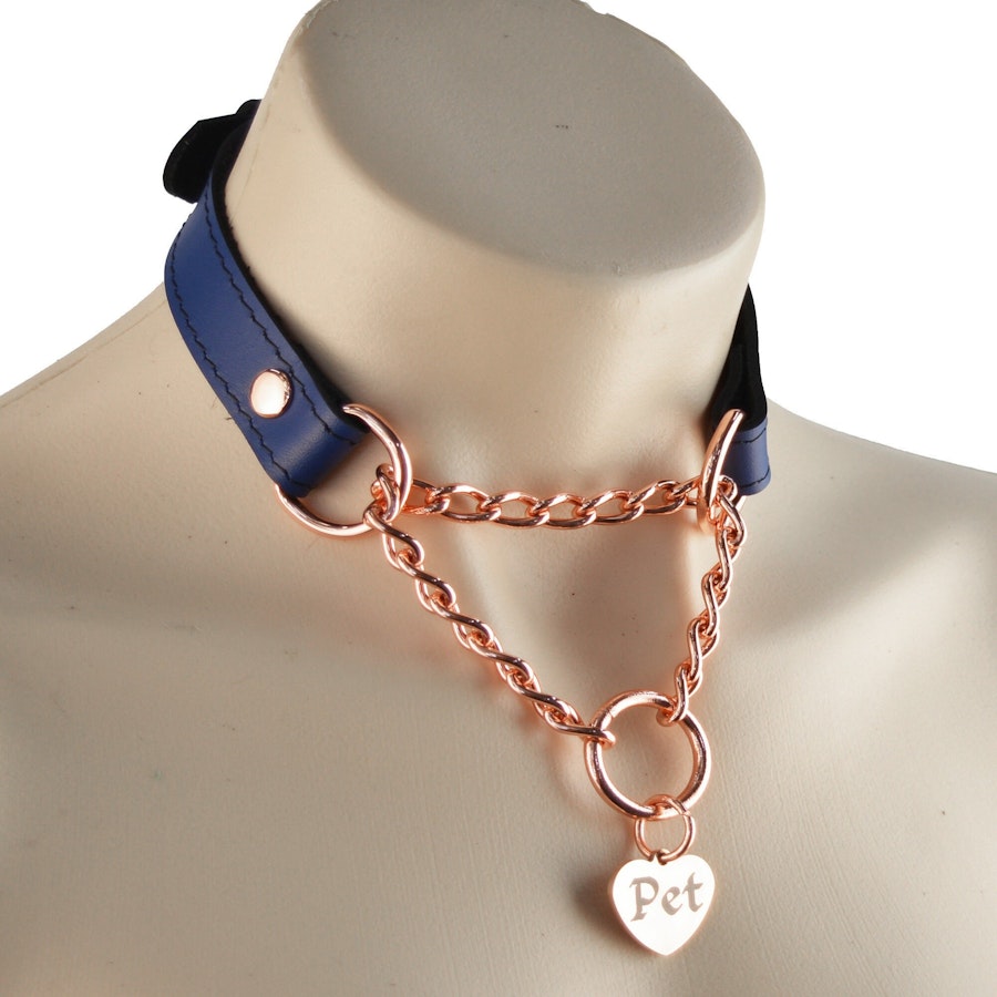 Deep Blue Custom Engraved Martingale Day Collar Luxury Leather with Rose Gold Love Heart Pendant