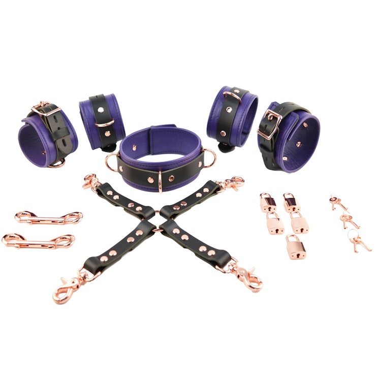 Purple Leather with Rose Gold Bondage Restraint Set Collar, Wrist & Ankle Cuffs, Cross Connector, Snap Hooks, Padlocks photo