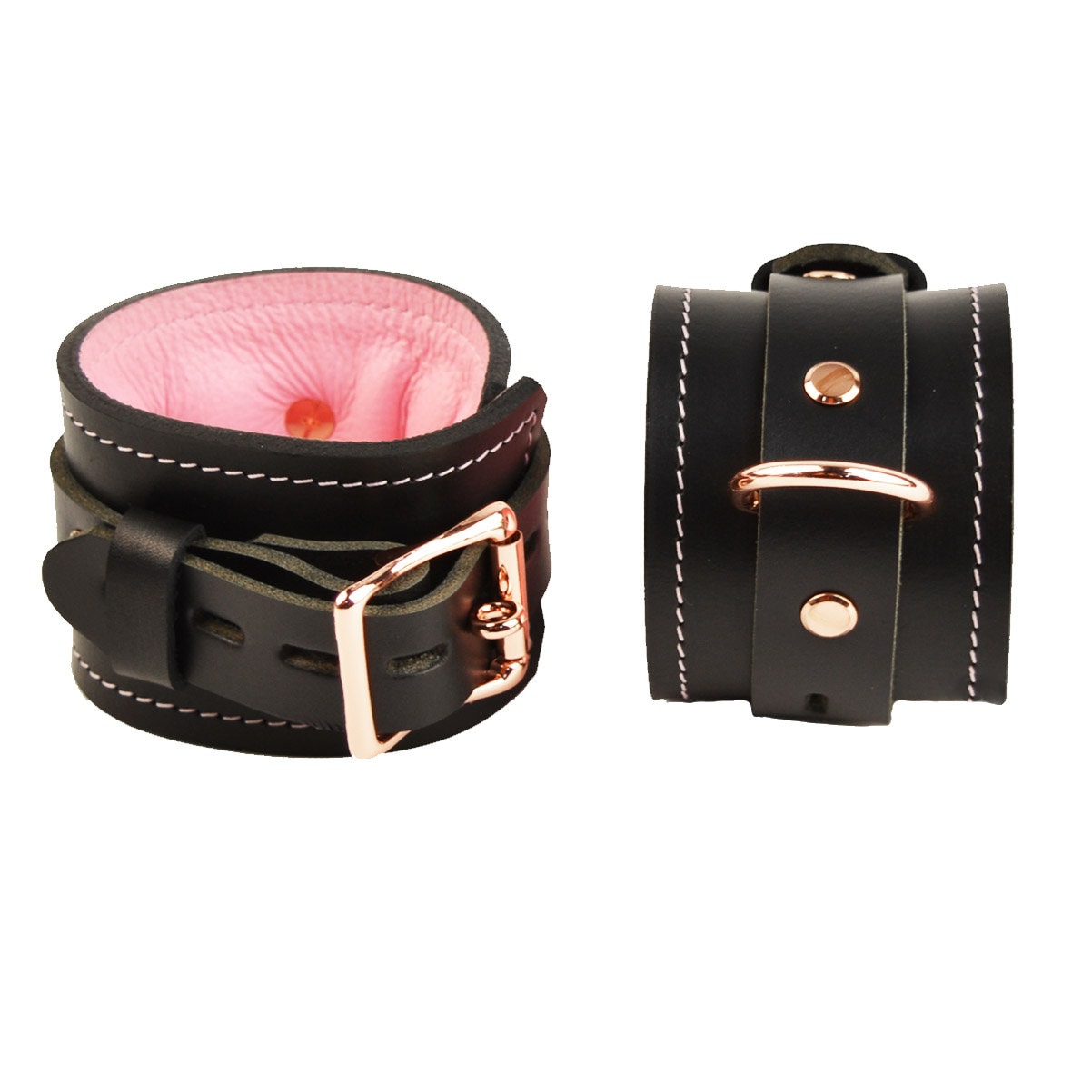 Black and Blush Pink Leather with Rose Gold Bondage Restraint Set | Collar Wrist Ankle Cuffs, Connectors Locks | Set1BBlPnkRg photo