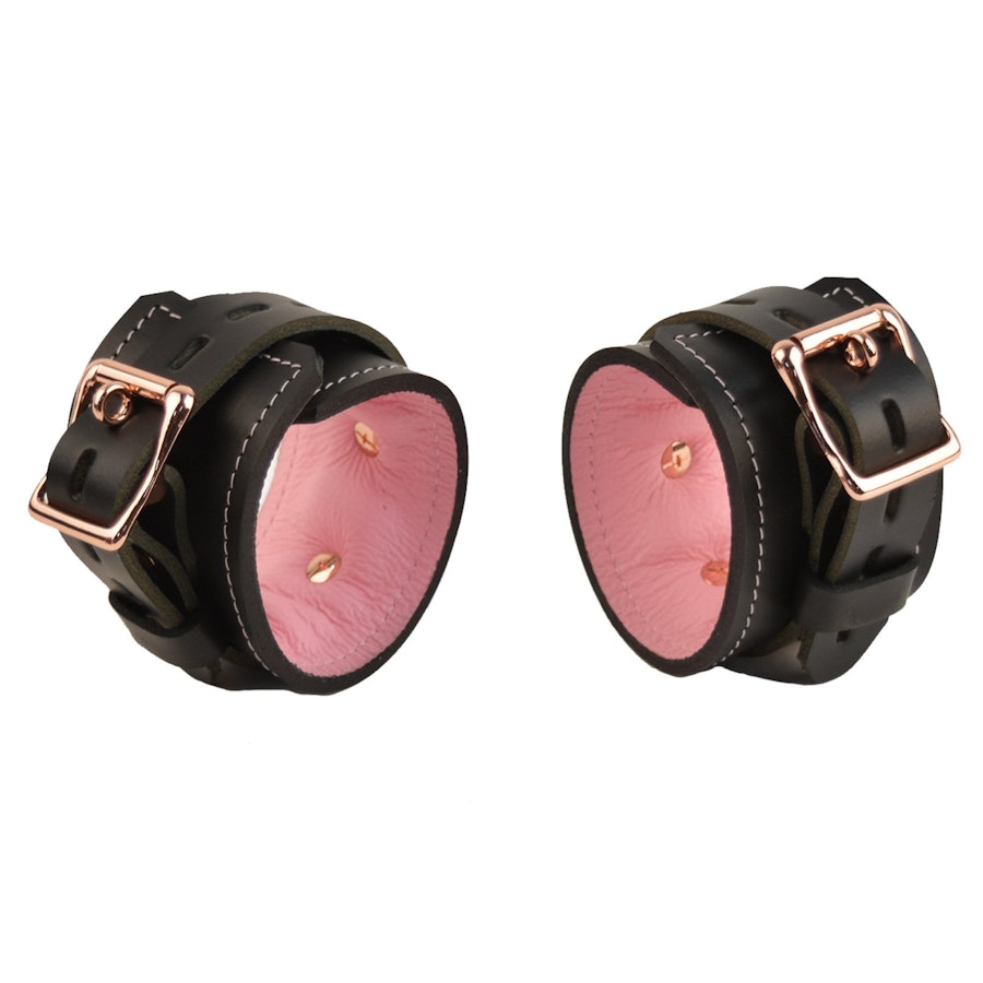 Black and Blush Pink Leather with Rose Gold Bondage Restraint Set | Collar Wrist Ankle Cuffs, Connectors Locks | Set1BBlPnkRg Image # 217790