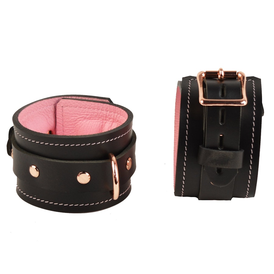 Black and Blush Pink Leather with Rose Gold Bondage Restraint Set | Collar Wrist Ankle Cuffs, Connectors Locks | Set1BBlPnkRg Image # 217791
