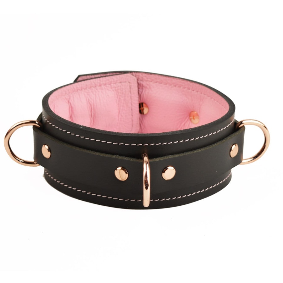 Black and Blush Pink Leather with Rose Gold Bondage Restraint Set | Collar Wrist Ankle Cuffs, Connectors Locks | Set1BBlPnkRg Image # 217793