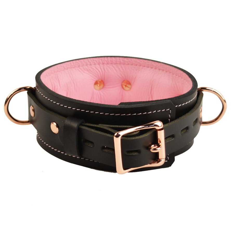 Black and Blush Pink Leather with Rose Gold Bondage Restraint Set | Collar Wrist Ankle Cuffs, Connectors Locks | Set1BBlPnkRg Image # 217794