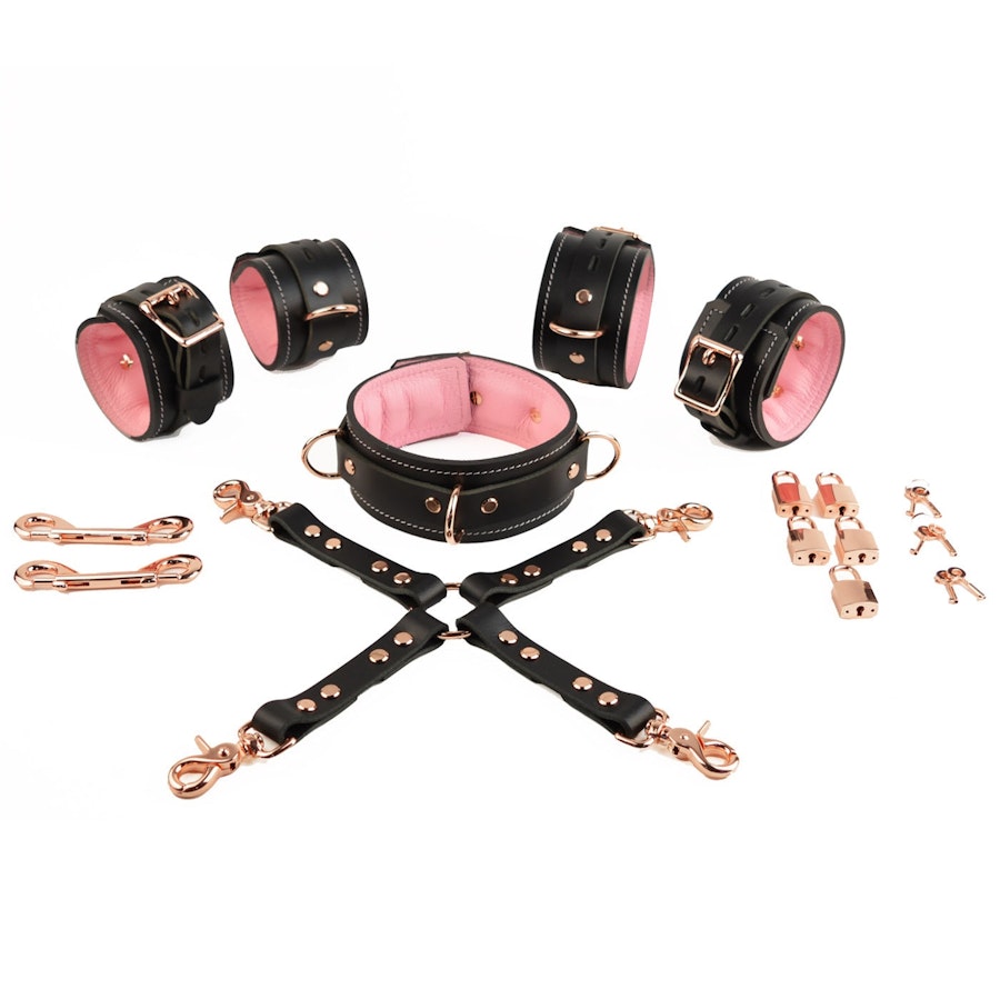 Black and Blush Pink Leather with Rose Gold Bondage Restraint Set | Collar Wrist Ankle Cuffs, Connectors Locks | Set1BBlPnkRg